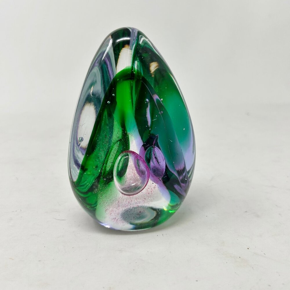 Vintage Art Glass Paperweight 5” Purple & Green 3 Sided Tear Drop w/ Bubbles